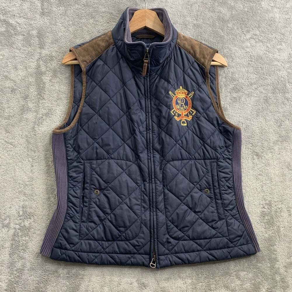 Ralph Lauren Vest Womens L Blue Equestrian Full Zip Crest Logo Quilted Preppy